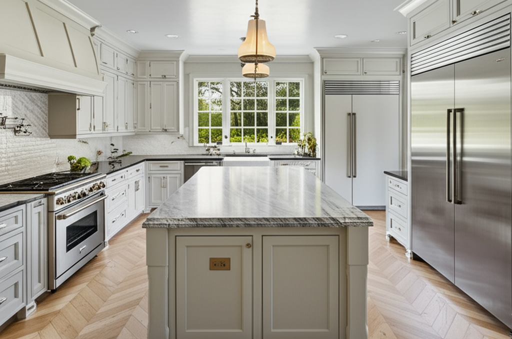 Elegant estate kitchen in Hinsdale, Illinois with Sub-Zero built-in refrigerator and custom cabinetry
