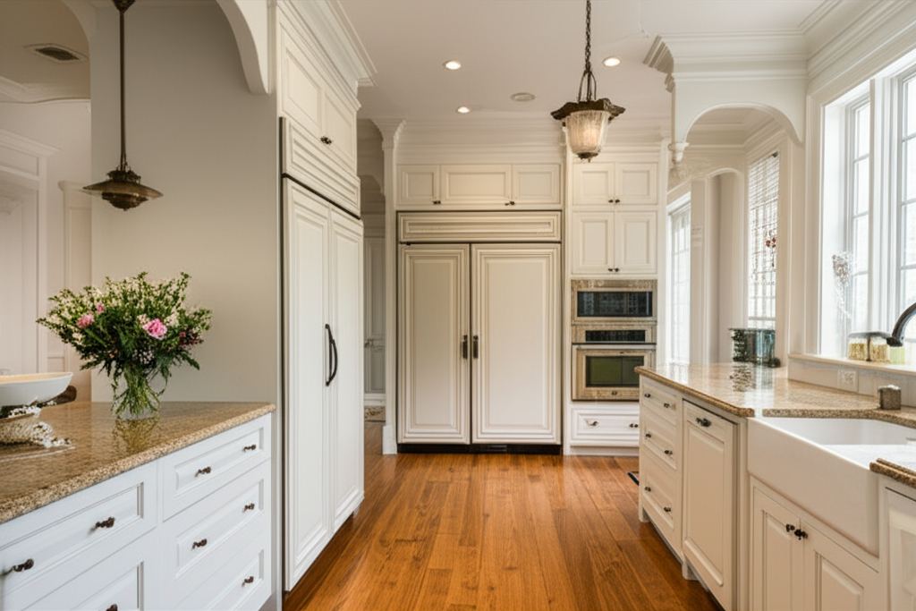 Renovated Victorian-era kitchen in Hinsdale with integrated Sub-Zero appliances